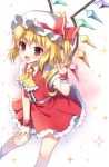  1girl ascot bangs blonde_hair blush center_frills fang flandre_scarlet hat hat_ribbon highres looking_at_viewer mauve miniskirt mob_cap open_mouth red_eyes red_skirt ribbon shiny shiny_hair side_ponytail skirt smile socks solo sparkle standing touhou vest white_legwear wings wrist_cuffs 