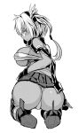  1girl ass bare_shoulders blush breasts budget_sarashi dot_triangle from_behind glasses gloves greyscale hair_ornament kantai_collection ken_(koala) kneeling large_breasts looking_at_viewer looking_back miniskirt monochrome musashi_(kantai_collection) nontraditional_miko sarashi short_hair sideboob simple_background skirt solo thigh-highs white_background 