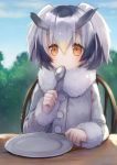  1girl :/ bangs black_hair blonde_hair blue_sky blush buttons chair clenched_hand clouds cloudy_sky coat collar day dish dot_nose expressionless eyebrows_visible_through_hair eyelashes fingernails fluffy_collar fur_collar gradient_hair grey_hair hair_between_eyes hand_up head_wings holding holding_spoon kemono_friends light light_brown_eyes long_sleeves looking_at_viewer multicolored_hair northern_white-faced_owl_(kemono_friends) outdoors short_hair sitting sky solo spoon spoon_in_mouth table tareme tree upper_body usamito white_coat white_hair wings wooden_chair wooden_table 