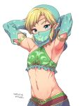  1boy 2017 arabian_clothes armlet armpits arms_up bangs blonde_hair blue_eyes blush circlet closed_mouth collarbone dated detached_sleeves earrings emerald erect_nipples frills gem gerudo_link halterneck jewelry kanya_pyi link long_sleeves looking_at_viewer male_focus napkin navel pointy_ears see-through sidelocks simple_background smile stomach swept_bangs the_legend_of_zelda the_legend_of_zelda:_breath_of_the_wild thick_eyebrows trap upper_body veil white_background 