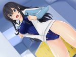  1girl black_hair blue_eyes blurry breasts competition_swimsuit depth_of_field dutch_angle eyebrows_visible_through_hair jacket large_breasts locker_room long_hair nonaka_chikin one-piece_swimsuit original solo swimsuit track_jacket 