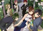  2girls 4boys bangs black_hair blue_dress blue_eyes brown_hair couple dress flower formal green_background green_hair hair_flower hair_ornament hand_holding highres hori-san_to_miyamura-kun hori_kyouko iura_shuu long_hair long_sleeves looking_at_viewer md5_mismatch miyamura_izumi multicolored_hair multiple_boys multiple_girls sengoku_kakeru short_hair smile suit teenage vector_trace wedding_dress white_dress yanagi_akane yoshikawa_yuki_(hori-san_to_miyamura-kun) 