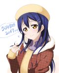  1girl 2017 blue_hair brown_eyes dated fur_trim hair_ornament hair_twirling hairclip hat highres hood hooded_jacket jacket long_hair looking_at_viewer love_live! love_live!_school_idol_project shirt smile sonoda_umi sweater white_background yu-ta 