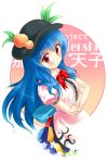  &gt;:) 1girl bad_hands black_hat blue_hair bow crossed_arms dress english eyebrows_visible_through_hair food fruit hat highres hinanawi_tenshi long_hair looking_at_viewer melon3 peach red_bow red_eyes short_sleeves solo touhou v white_dress 