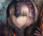  1girl alle_gro blonde_hair commentary_request face fate/grand_order fate_(series) fire fur gloves headpiece holding jeanne_alter lips parted_lips portrait ruler_(fate/apocrypha) short_hair solo sparks yellow_eyes 