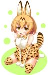  1girl animal_ears bare_shoulders blonde_hair blush bow cat_ears cat_tail elbow_gloves fang gloves kemono_friends looking_at_viewer nagana_sayui serval_(kemono_friends) serval_ears serval_print serval_tail short_hair simple_background sitting sleeveless smile tail thigh-highs wariza yellow_eyes 