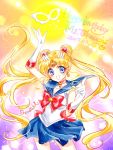  1girl 2017 :d bishoujo_senshi_sailor_moon blonde_hair blue_eyes blue_skirt cowboy_shot crescent_moon dated double_bun earrings elbow_gloves gloves hair_ornament hairpin happy_birthday jewelry long_hair looking_at_viewer magical_girl mask mask_removed moon multicolored multicolored_background no_nose open_mouth pleated_skirt red_choker sailor_collar sailor_moon shirataki_kaiseki signature skirt smile solo tiara tsukino_usagi twintails white_gloves 