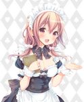 1girl :d argyle argyle_background black_bow blush bow bowtie breasts brown_hair cleavage highres hinako_note looking_at_viewer maid maid_headdress march-bunny medium_breasts menu menu_board open_mouth original red_eyes sakuragi_hinako short_hair smile solo twintails 