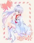  1girl blue_eyes boots candy commentary_request dress earrings eye_scar food hair_ornament iesupa jacket jewelry lollipop necklace ponytail rwby solo tongue tongue_out weiss_schnee white_dress white_hair 