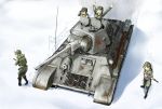  assault_rifle binoculars blonde_hair blue_eyes caterpillar_tracks ground_vehicle gun heavy_tank helmet highres military military_vehicle motor_vehicle original rifle snow soldier t34_heavy_tank tank tank_helmet tukiyofree vehicle weapon 