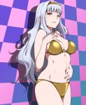  1girl bangs bikini blunt_bangs breasts cleavage hairband idolmaster large_breasts long_hair looking_at_viewer midriff navel puge red_eyes shijou_takane smile solo swimsuit yellow_bikini 