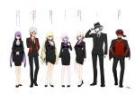  3boys ahoge avenger bare_legs black_hair blonde_hair breasts dark_skin dual_persona edmond_dantes_(fate/grand_order) fate/apocrypha fate/grand_order fate/hollow_ataraxia fate_(series) formal full_body glasses hat high_heels highres jacket jacket_on_shoulders jeanne_alter kotomine_shirou long_hair looking_at_viewer multiple_boys multiple_girls purple_hair ruler_(fate/apocrypha) saint_martha scarf shielder_(fate/grand_order) shimaneko shirt short_hair skirt smile suit tattoo translation_request violet_eyes white_background white_hair 
