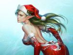  1girl christmas closed_mouth commentary detached_sleeves dress elf expressionless from_side fur_trim green_hair hat holly long_hair long_pointy_ears original pointy_ears red_dress santa_hat sleeveless sleeveless_dress solo strapless strapless_dress tatiana_kirgetova 