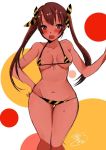  1girl bangs bare_arms bare_legs bare_shoulders bikini blush breasts breasts_apart brown_eyes brown_hair cleavage collarbone cowboy_shot demon_girl demon_horns eyebrows_visible_through_hair front-tie_bikini front-tie_top hand_on_hip horns lcumkouno legs_together looking_at_viewer medium_breasts micro_bikini midriff navel open_mouth original polka_dot polka_dot_background print_bikini signature solo stomach string_bikini sweat sweatdrop swimsuit thigh_gap twintails 