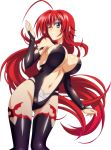  1girl absurdly_long_hair ahoge black_legwear black_leotard blue_eyes breasts bridal_gauntlets cleavage erect_nipples from_below high_school_dxd jewelry large_breasts leotard long_hair looking_at_viewer midriff navel one_eye_closed parted_lips redhead rias_gremory ring sideboob solo thigh-highs transparent_background very_long_hair 