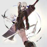  1boy blindfold boots gloves hisao_0111 katana male_focus nier_(series) nier_automata short_hair solo sowrd sword weapon white_background white_hair yorha_no._9_type_s 