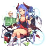  3girls aoi_tsunami arm_ribbon ball blonde_hair blue_hair bottle breasts chair charmy_(uchi_no_hime-sama) cleavage closed_eyes demon_girl demon_horns demon_tail demon_wings fang heart heart-shaped_pupils holding horns legs_crossed long_hair looking_at_viewer medium_breasts miniskirt multiple_girls official_art open_mouth pointy_ears racket red_eyes ribbon scoreboard shoes sitting skirt sneakers sparkle symbol-shaped_pupils tail towel transparent_background uchi_no_hime-sama_ga_ichiban_kawaii visor_cap water_bottle white_legwear wings wristband 