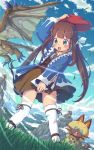  1girl :o aki_(akisora_hiyori) blue_sky blush brown_hair clouds cloudy_sky day dragon full_body grass green_eyes highres lilia_(monster_hunter) long_hair monster_hunter monster_hunter_stories mountain naville_(monster_hunter_stories) outdoors rathalos sky standing sweatdrop wind wind_lift 