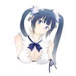  1girl arm_ribbon bangs black_hair blue_eyes blue_ribbon breasts cleavage cleavage_cutout ddhs dress dungeon_ni_deai_wo_motomeru_no_wa_machigatteiru_darou_ka hair_ornament hair_ribbon head_tilt hestia_(danmachi) large_breasts long_hair looking_at_viewer ribbon sleeveless sleeveless_dress solo twintails upper_body white_background white_dress 