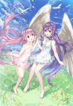 2girls angel_wings barefoot bird blue_eyes character_request clouds dress grass hand_holding knees_together_feet_apart long_hair multiple_girls open_mouth outdoors outstretched_arms pink_dress pink_eyes pink_hair purple_hair see-through_silhouette sky smile standing standing_on_one_leg sundress very_long_hair weee_(raemz) white_dress wind wind_lift wings 
