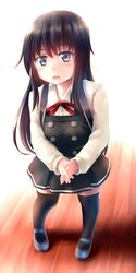  asashio_(kantai_collection) belt black_hair black_legwear blue_eyes dress fingers_together highres kantai_collection long_hair long_sleeves looking_at_viewer neck_ribbon pinafore_dress red_ribbon remodel_(kantai_collection) ribbon school_uniform shirt shoes thigh-highs tsubasa_(abchipika) white_shirt wooden_floor 