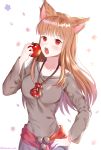  1girl :o animal_ears apple artist_name bangs bite_mark blunt_bangs blush breasts brown_hair brown_shirt cat_ears eyebrows_visible_through_hair food fruit hand_on_hip highres holding holding_fruit holo jewelry long_hair long_sleeves looking_at_viewer medium_breasts necklace no_tail open_mouth pouch red_eyes round_teeth shirt simple_background solo spice_and_wolf teeth tongue twitter_username ubi_(ekdus6080) white_background wolf_ears wolf_girl 