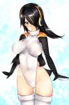  1girl black_hair black_jacket brown_eyes covered_navel cowboy_shot emperor_penguin_(kemono_friends) frofrofrost gluteal_fold hair_over_one_eye headphones highleg highleg_leotard highres jacket kemono_friends leotard long_hair looking_at_viewer multicolored_hair open_clothes solo standing thigh-highs thigh_gap white_legwear white_leotard 