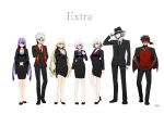  avenger blonde_hair dual_persona edmond_dantes_(fate/grand_order) fate/apocrypha fate/grand_order fate/hollow_ataraxia fate_(series) formal full_body glasses hat highres jeanne_alter kotomine_shirou long_hair looking_at_viewer multiple_girls one_eye_closed purple_hair ruler_(fate/apocrypha) saint_martha scarf shielder_(fate/grand_order) shimaneko short_hair smile suit violet_eyes wh white_hair yellow_eyes 