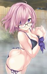  1girl ahoge alternate_costume ass bikini blush breasts butt_crack collarbone downpants eyebrows_visible_through_hair fate/grand_order fate_(series) glasses hair_over_one_eye highres looking_at_viewer lowleg lowleg_bikini medium_breasts nijimotohiro_k open_mouth outdoors pink_hair purple_bikini shielder_(fate/grand_order) short_hair side-tie_bikini solo steam swimsuit violet_eyes 