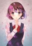  1girl blush bob_cut bow bowtie brown_eyes brown_hair cherry_blossoms cosplay finger_in_mouth gradient gradient_background highres katou_megumi kuzu_no_honkai noitamina official_style rko_(a470350510) saenai_heroine_no_sodatekata school_uniform short_hair solo yasuraoka_hanabi yasuraoka_hanabi_(cosplay) 