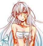  1girl bare_shoulders bow breasts cleavage fire fujiwara_no_mokou hair_bow long_hair looking_to_the_side midriff navel red_eyes sarashi silver_hair simple_background sketch solo souta_(karasu_no_ouchi) touhou upper_body white_background 