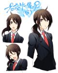  1girl :d androgynous brown_hair character_sheet greyscale idolmaster idolmaster_side-m laughing long_hair monochrome necktie open_mouth ponytail producer_(idolmaster) red_necktie shiron_(shiro_n) sidelocks smile solo suit_jacket surprised sweatdrop upper_body 
