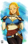  1girl blonde_hair green_eyes hair_ornament hairclip highres long_hair looking_at_viewer naavs pants pointy_ears princess_zelda riding_crop seductive_smile smile solo the_legend_of_zelda the_legend_of_zelda:_breath_of_the_wild tight tight_pants 