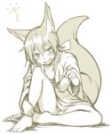  1girl animal_ears bangs blush breasts eyebrows_visible_through_hair fang fox_ears fox_girl fox_tail hair_between_eyes holding inari_(ryuusei) knee_up looking_at_viewer monochrome open_mouth original ryuusei_(ryuuseiseikou) simple_background sitting sketch small_breasts smile solo tail tamakagura_inari 