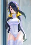 1girl :o arm_at_side black_gloves black_hair breasts covered_navel cowboy_shot dress emperor_penguin_(kemono_friends) gloves groin hair_over_one_eye hand_on_breast hand_up headphones highleg highleg_leotard hood hood_down hoodie kemono_friends large_breasts legs_together leotard long_hair looking_at_viewer mingou91 multicolored_hair open_clothes open_hoodie open_mouth ribbed_dress ribbed_leotard skin_tight solo streaked_hair thigh-highs thigh_gap turtleneck two-tone_hair violet_eyes wet white_legwear white_leotard 
