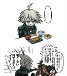  3boys ^_^ ahoge android blue_eyes bowl chopsticks clenched_teeth closed_eyes comic dangan_ronpa dark_skin dark_skinned_male fish food fork glasses gokuhara_gonta green_hair keebo long_hair male_focus miso_soup multiple_boys new_dangan_ronpa_v3 nona_ennea ouma_kokichi purple_hair rice rice_bowl shaded_face teeth vegetable 