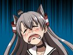  1girl amatsukaze_(kantai_collection) blue_background closed_eyes collarbone crying drooling gloom_(expression) grey_hair hair_between_eyes hair_tubes head_tilt jougenmushi kantai_collection long_hair open_mouth portrait runny_nose sailor_collar saliva snot solo tears two_side_up 