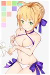  1girl ahoge bikini blonde_hair blue_ribbon braid breasts fate/stay_night fate_(series) flower green_eyes hair_bun hair_ribbon highres long_hair ribbon saber seiza side-tie_bikini sitting small_breasts solo swimsuit z_shichao 