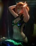  1girl armor arms_up bikini_armor blood_elf blurry breasts brown_hair cleavage earrings highres jewelry navel pointy_ears raikoart reflection short_hair solo warcraft world_of_warcraft yellow_eyes 