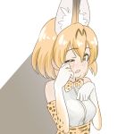  1girl animal_ears bare_shoulders blonde_hair bow cat_ears crying crying_with_eyes_open deadnooodles elbow_gloves gloves greyscale highres kemono_friends monochrome one_eye_closed open_mouth serval_(kemono_friends) serval_ears serval_print shirt short_hair simple_background solo spoilers tears 