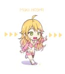  1girl ahoge arrow belt blonde_hair character_name chibi ddhs dot_nose eyebrows_visible_through_hair fishnets full_body green_eyes hoshii_miki idol idolmaster jewelry long_hair necklace open_mouth pink_diamond_765 pink_jacket pointing shorts solo very_long_hair 