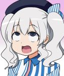  1girl ahegao blue_eyes gradient gradient_background hat kantai_collection kashima_(kantai_collection) masara silver_hair solo striped twintails uniform 
