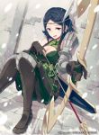  1girl 40hara arrow black_eyes black_hair boots bow_(weapon) breasts circlet cleavage company_name feathers fire_emblem fire_emblem:_kakusei fire_emblem_cipher gloves highres noire_(fire_emblem) official_art open_mouth quiver sitting snowing solo teeth weapon 