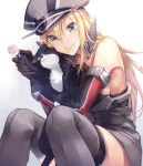  1girl :t anchor_hair_ornament bismarck_(kantai_collection) black_cat blonde_hair blue_eyes brown_gloves cat cheek_squash detached_sleeves elbow_gloves gloves grey_legwear hair_ornament hat kantai_collection long_hair looking_at_viewer military military_hat military_uniform peaked_cap simple_background sitting thigh-highs uniform unsinkable_sam white_background yomo_(majidon) 