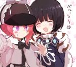  2girls black_hair cape closed_eyes detec_bell hat lapis_lazuline mahou_shoujo_ikusei_keikaku mahou_shoujo_ikusei_keikaku_restart multiple_girls pink_hair smile umesasami violet_eyes 