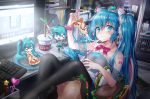  1girl blue_eyes blue_hair blush book bookshelf bow character_doll computer computer_keyboard computer_mouse doll eating food hair_bow hamburger hatsune_miku holding holding_food keyboard looking_at_viewer melon3 monitor pantyhose pink_bow pizza plate sandwich spring_onion thigh-highs twintails vocaloid wand white_bow 