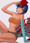  1girl arm arm_support arm_up bakemonogatari bandage bare_arms bare_legs bare_shoulders barefoot blue_hair book breasts brown_eyes brown_shorts collarbone female head_tilt holding holding_book kanbaru_suruga knee_up lasterk legs light_smile looking_at_viewer medium_breasts midriff monogatari_(series) multiple_books navel neck orange_tubetop short_hair short_shorts shorts sitting solo strapless tubetop 