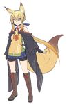  1girl animal_ears bangs bike_shorts blonde_hair blue_skirt boots brown_boots closed_mouth combat_boots eyebrows_visible_through_hair fox_ears fox_girl fox_tail full_body green_eyes hair_between_eyes inari_(ryuusei) japanese_clothes knee_boots long_hair looking_at_viewer original pleated_skirt ryuusei_(ryuuseiseikou) shorts_under_skirt sidelocks simple_background skirt smile solo standing tail tamakagura_inari white_background 