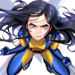  1girl alcoholrang bangs black_hair bodysuit breasts claws gloves grey_eyes long_hair marvel parted_bangs serious solo x-23 x-men 