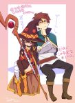  1boy 1girl artist_name bandaged_leg belt blush boots brown_hair closed_eyes commentary_request crossed_arms episode_number hat highres jpeg_artifacts kono_subarashii_sekai_ni_shukufuku_wo! megumin release_date satou_kazuma shaded_face signature sitting sleeping sleeping_on_person staff sweatdrop tanaka_kii translation_request witch_hat zzz 